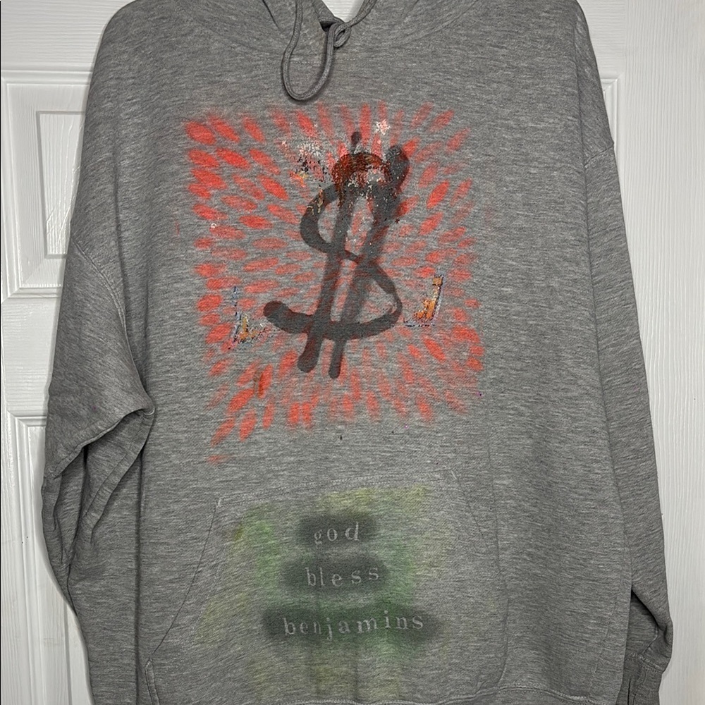 “God bless Benjamins” Grey Spray-Painted Hoodie with Dollar Sign size 2X